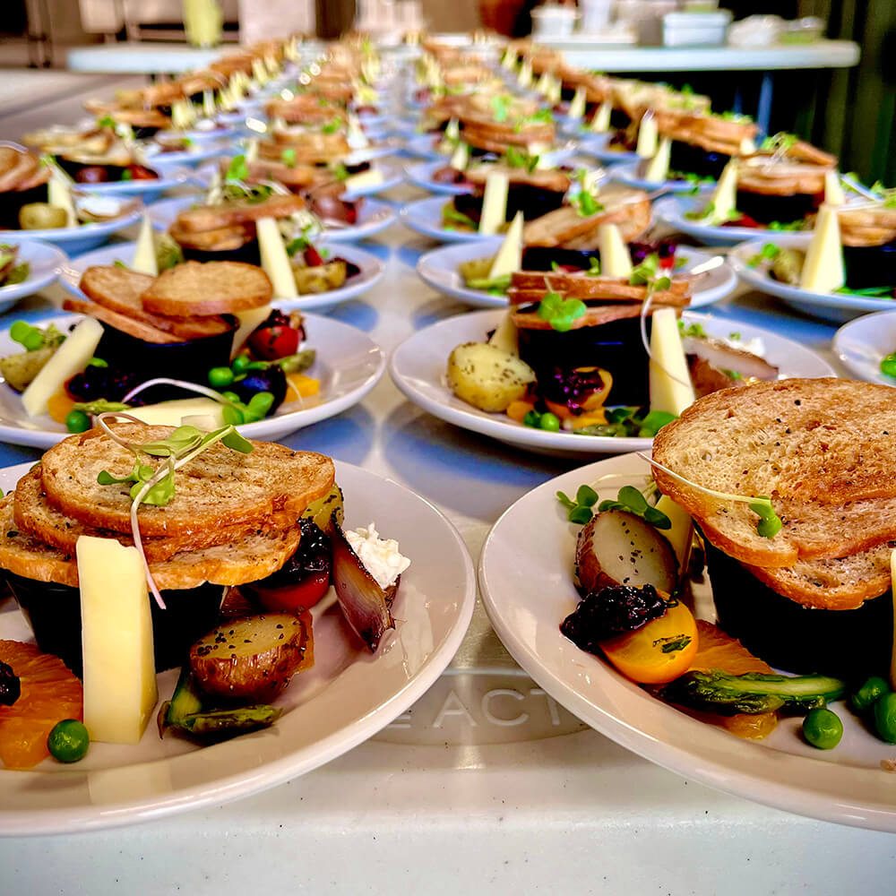 plated food in rows